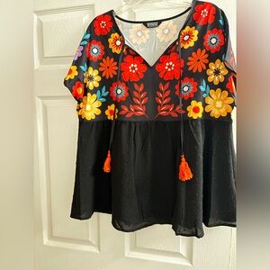 BloomChic Black Tunic with Red, Yellow & Orange Floral Print